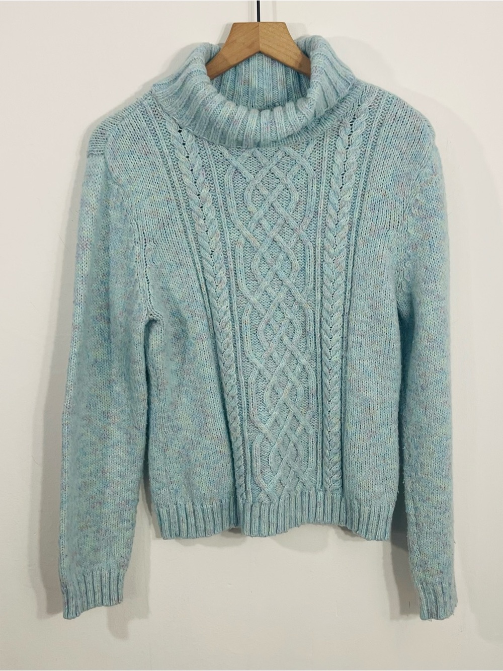 New York & Company Pullover Wool Mix Baby Blue Cable Knit Turtleneck Sweater